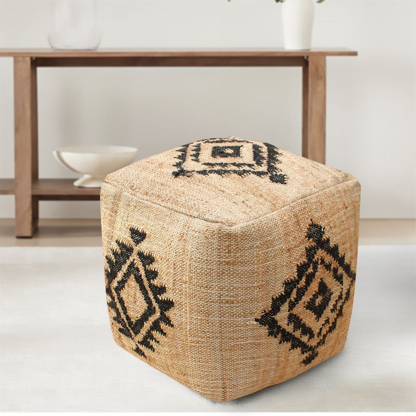 Portsa Pouf, Jute, Wool, Natural, Charcoal, Punja, Flat Weave 