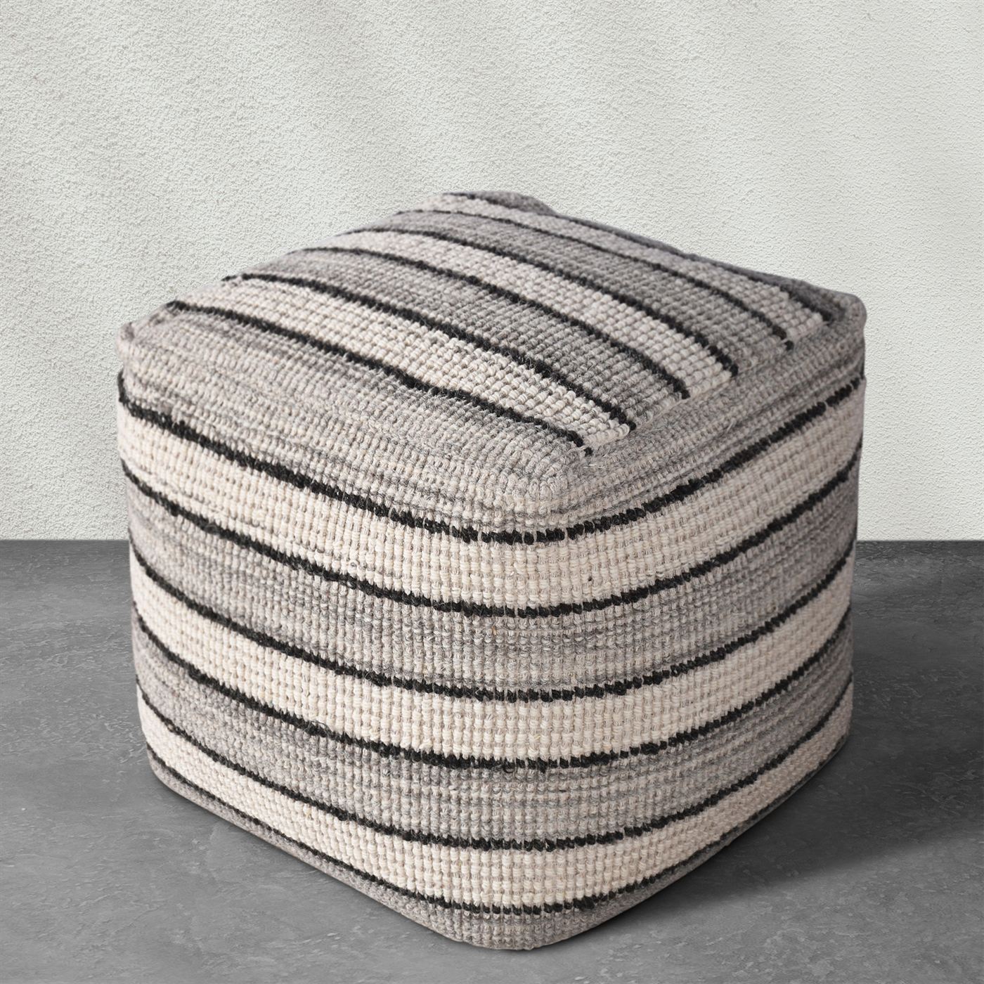 Prato Pouf, Wool, Natural White, Grey, Charcoal, Hand woven, Flat Weave 