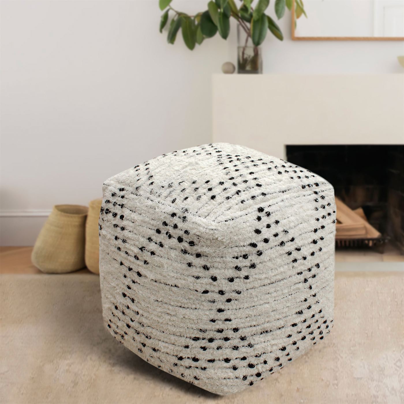 Qala Pouf, Cotton Salvage, Natural White, Charcoal, Pitloom, All Loop 