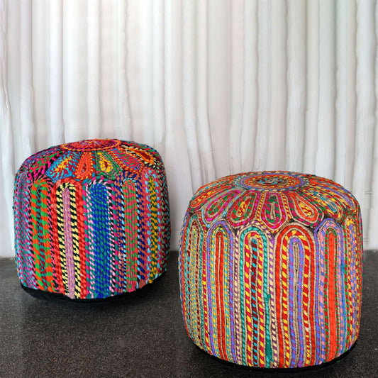 Rainbow Pouf, Recycled Cotton Fabric, Multi, Hm Stitching, Flat Weave 