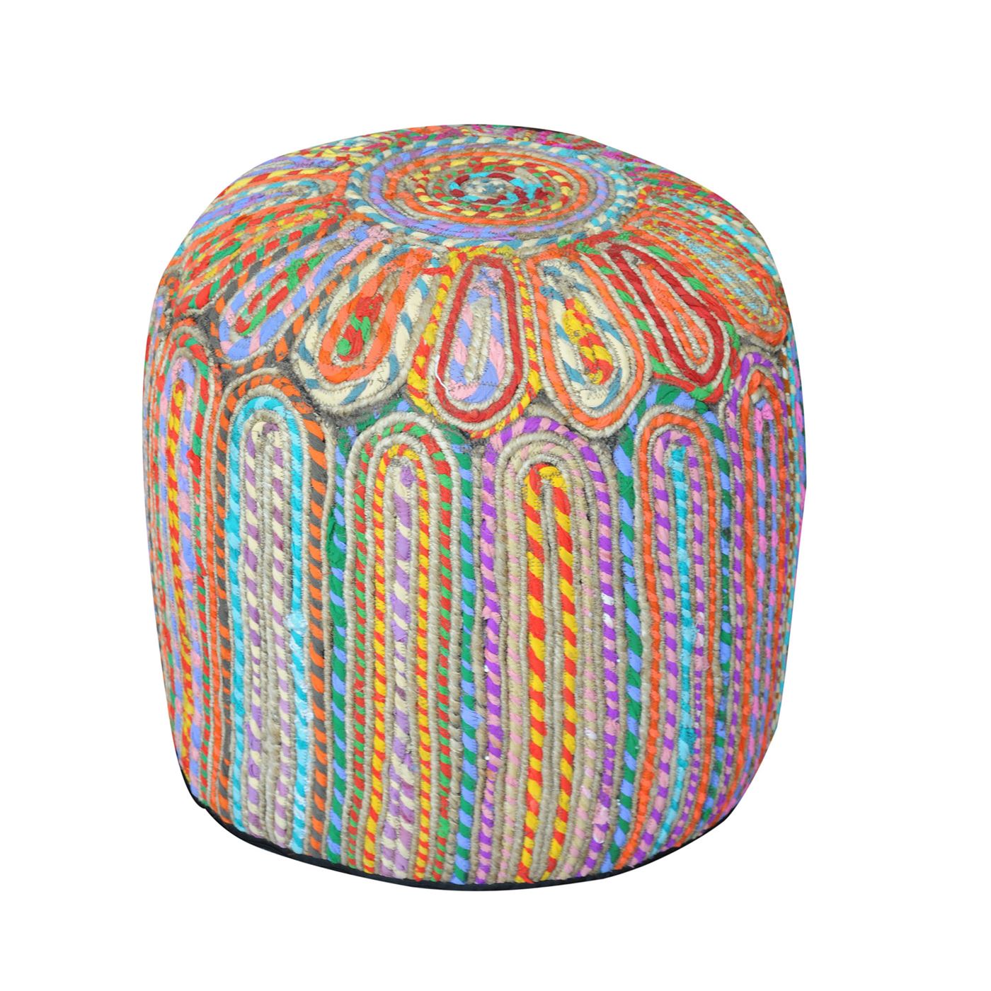Rainbow Pouf, Recycled Cotton Fabric, Natural Multi, Hm Stitching, Flat Weave 
