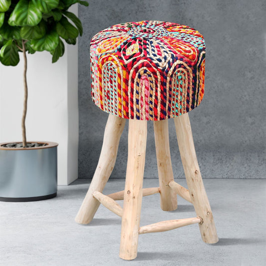 Rainbow Bar Stool, Recycled Fabric, Jute, Natural,Multi, Hm Stitching, Flat Weave 