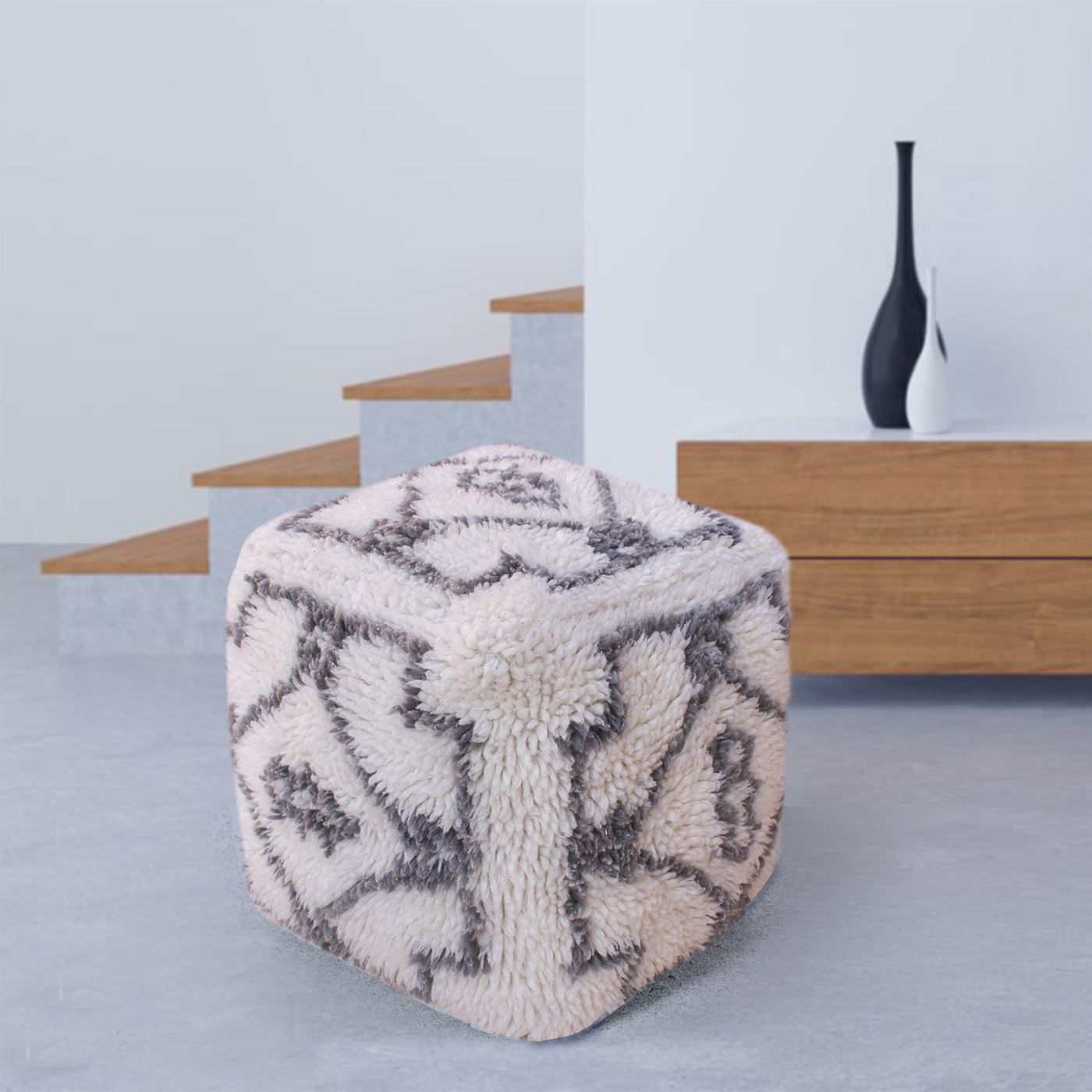 Rangov Pouf, Nz Wool, Natural White, Grey, Bm Fn, All Cut 