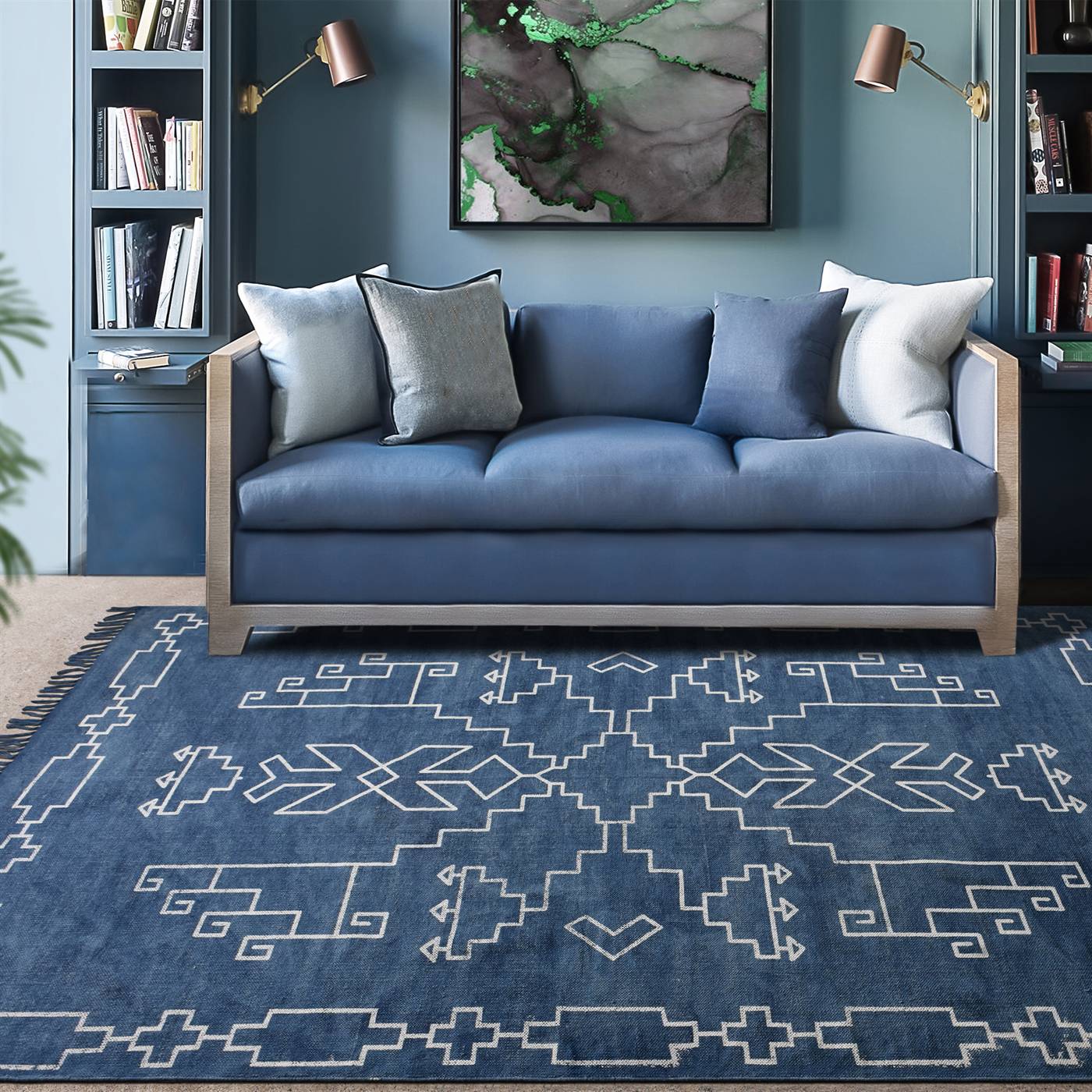 Area Rug, Bedroom Rug, Living Room Rug, Living Area Rug, Indian Rug, Office Carpet, Office Rug, Shop Rug Online, Blue, Natural White , Cotton, Hand Woven, Printed , Pitloom, Flat Weave, Intricate 