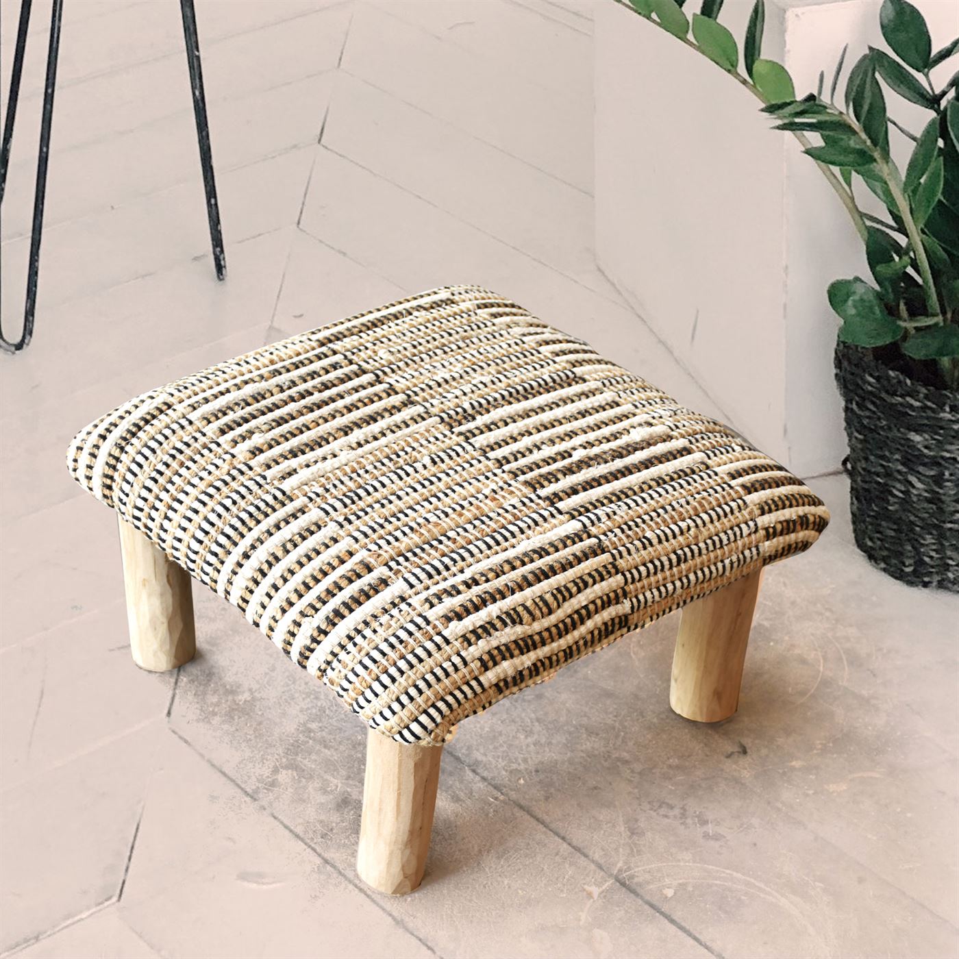 Rodeo Foot Stool, Hemp, Recycled Cotton, Natural White, Natural, Pitloom, Flat Weave 