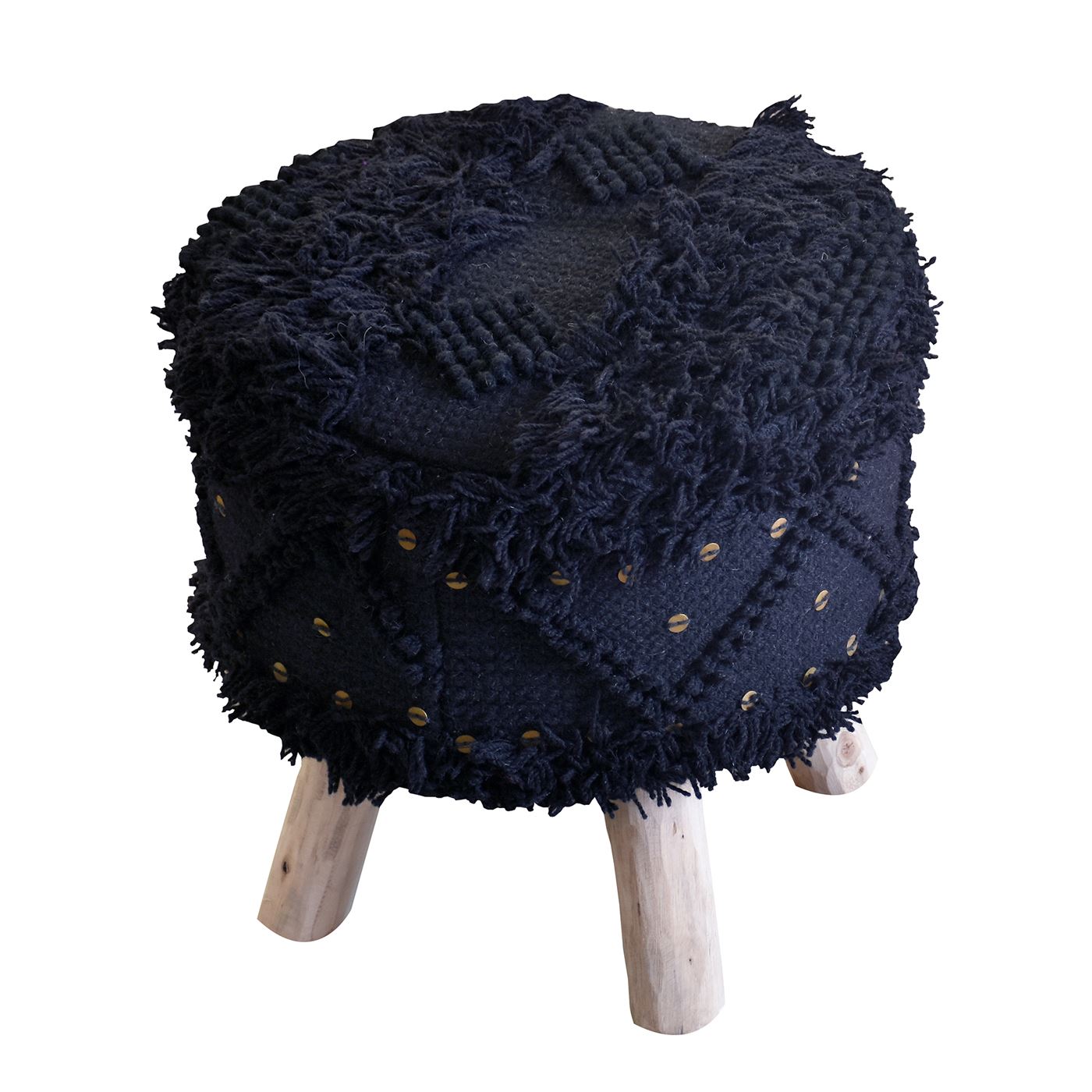 Roja Stool, Wool, Metal Sequins, Charcoal, Pitloom, Cut And Loop 