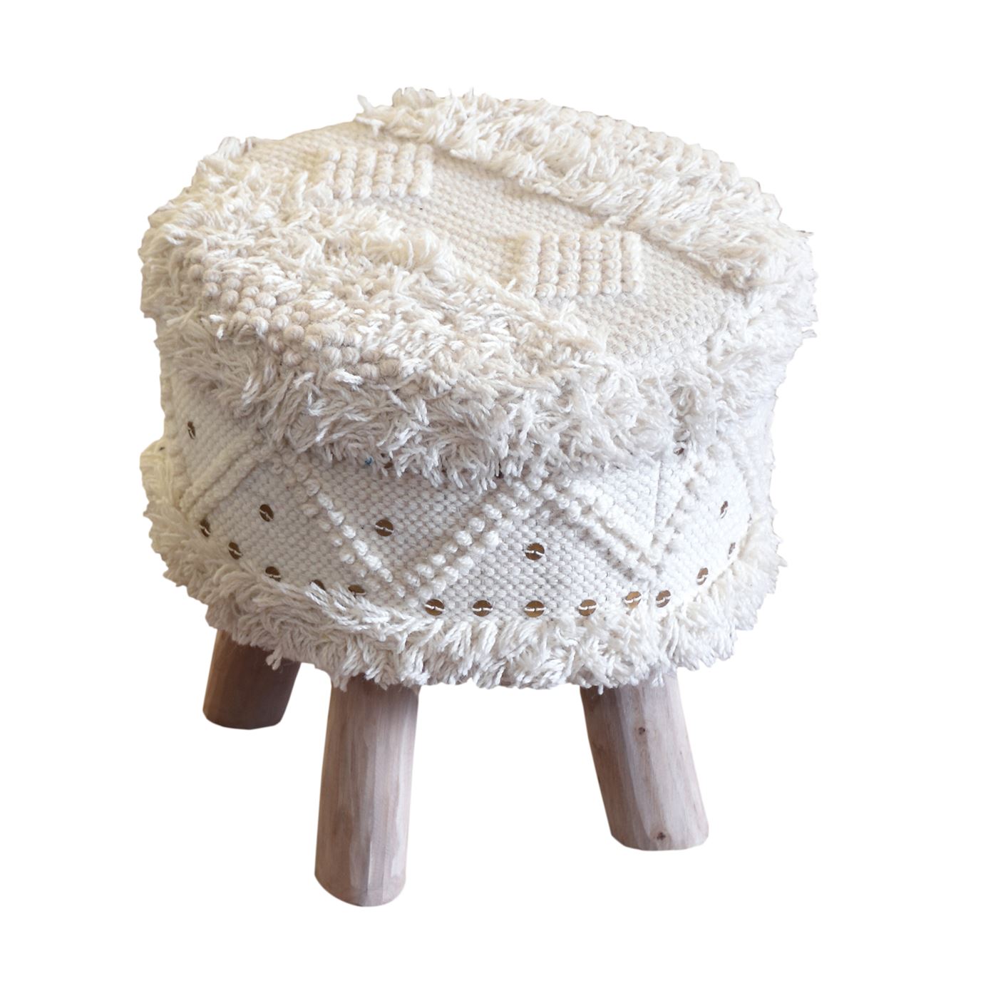 Roja Stool, Wool, Metal Sequins, Natural White, Pitloom, Cut And Loop 