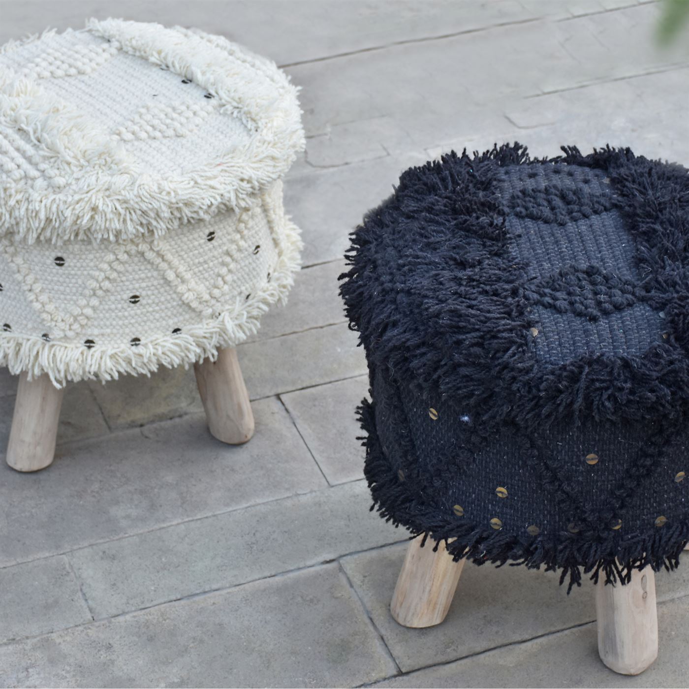 Roja Stool, Wool, Metal Sequins, Pitloom, Cut And Loop 