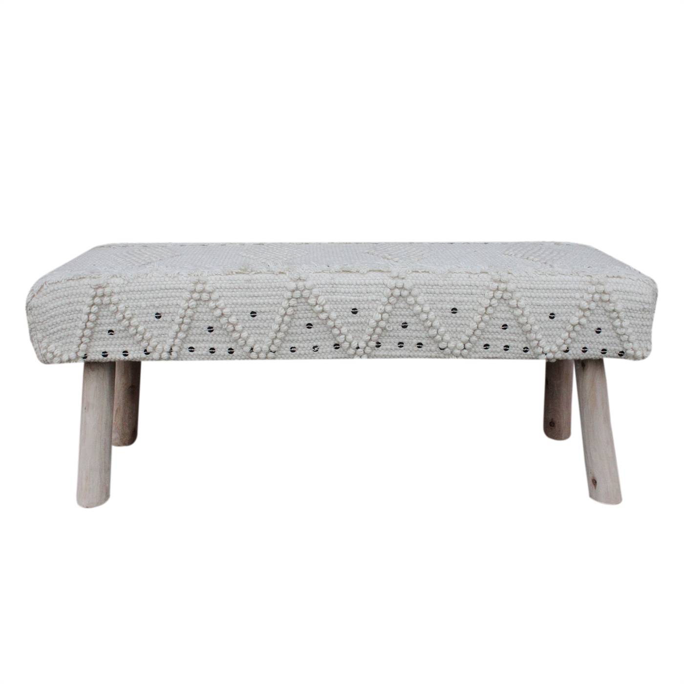 Roja Bench, 120x40x50 cm, Natural White, Wool, Metal Sequence, Hand Woven, Pitloom, Cut And Loop