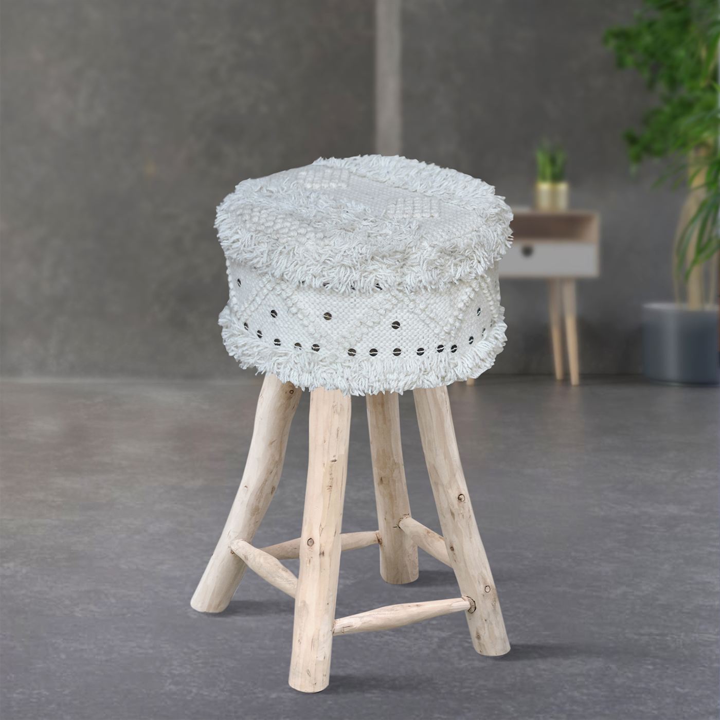 Roja Bar Stool, Wool, Metal, Natural White, Pitloom, Cut And Loop 