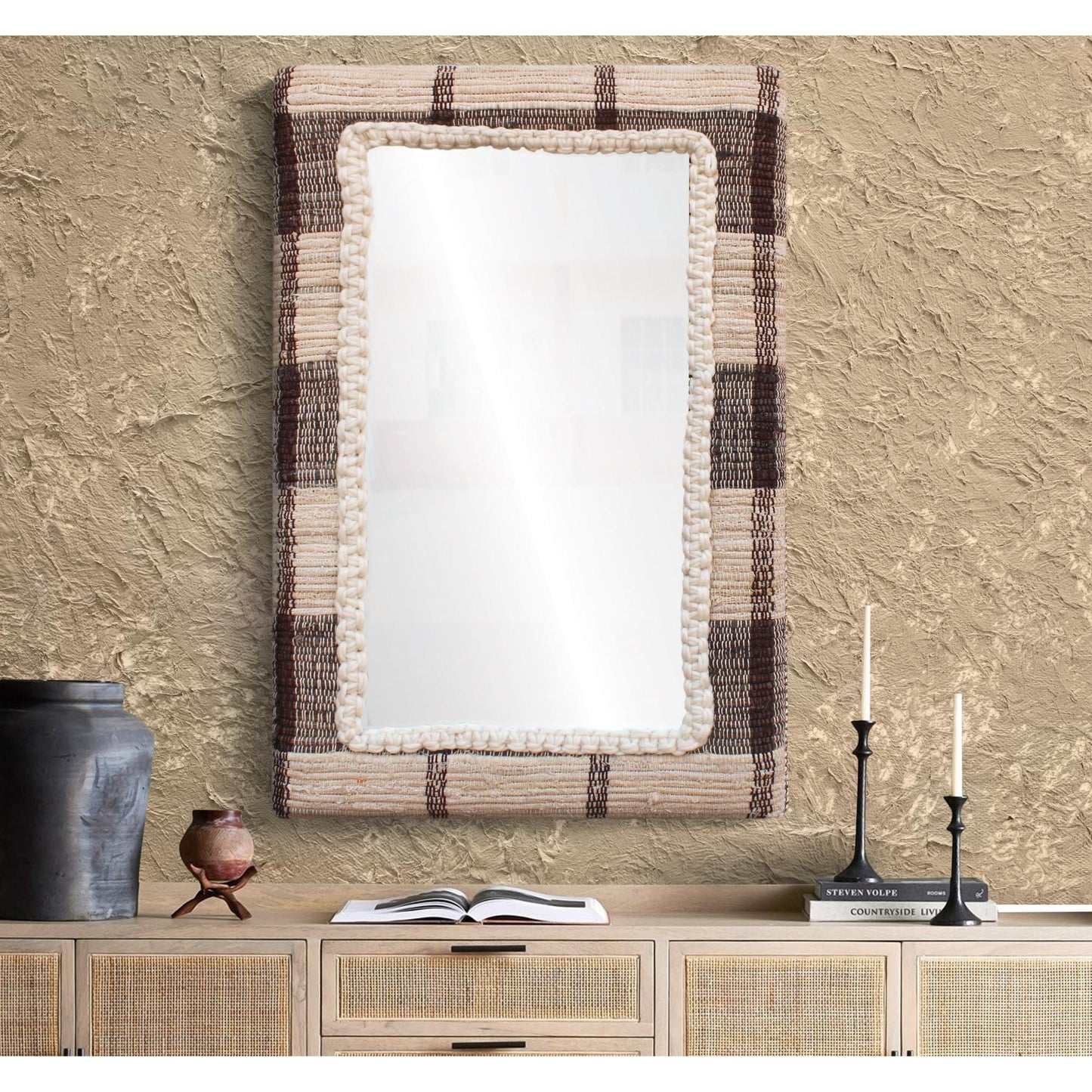 RONALDSEY WALL MIRROR - IVORY/BROWN - HAND WOVEN - MDF STRUCTURE - WOOL + COTTON DENIM
