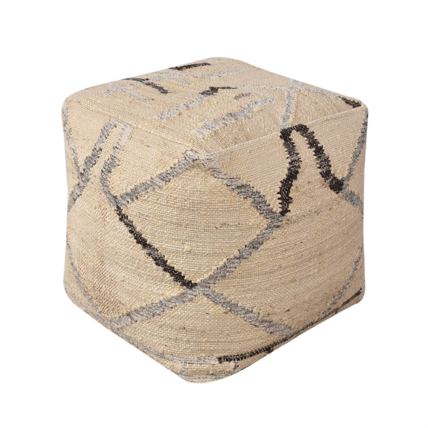 Ronda Pouf, 40x40x40 cm, Natural White, Grey, Jute, Wool, Punja Kelim, Punja, Flat Weave