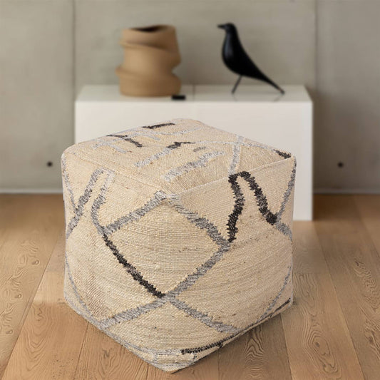 Ronda Pouf, 40x40x40 cm, Natural White, Grey, Jute, Wool, Punja Kelim, Punja, Flat Weave