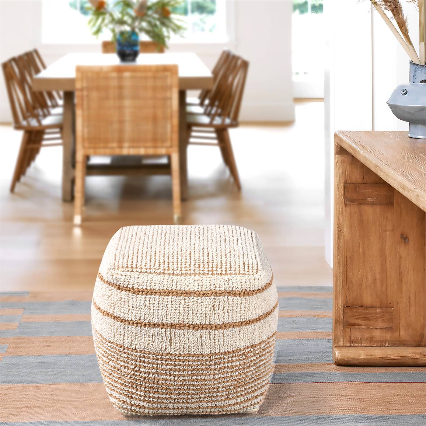 Rylie Pouf, 40x40x40 cm, Natural, Natural White, Jute, Wool, Hand Woven, Handwoven, All Loop