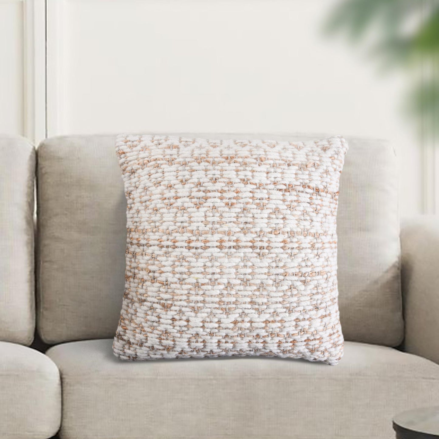 Textured throw pillow on a beige sofa with a blurred green plant in the background