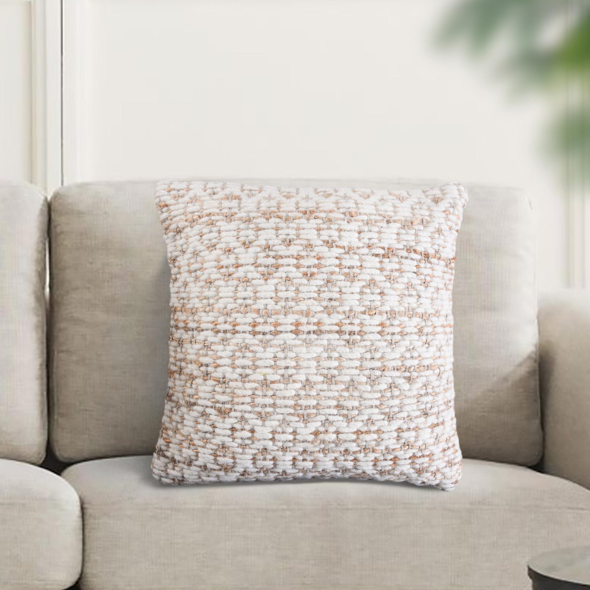 Textured throw pillow on a beige sofa with a blurred green plant in the background