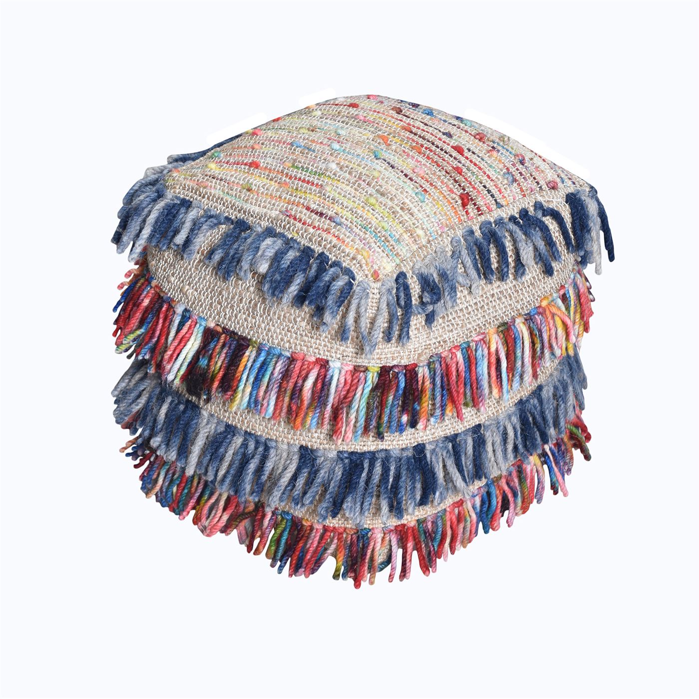 Saddle Pouf, Wool, Hemp, Leather, Natural, Blue, Multi, Pitloom, All Loop 