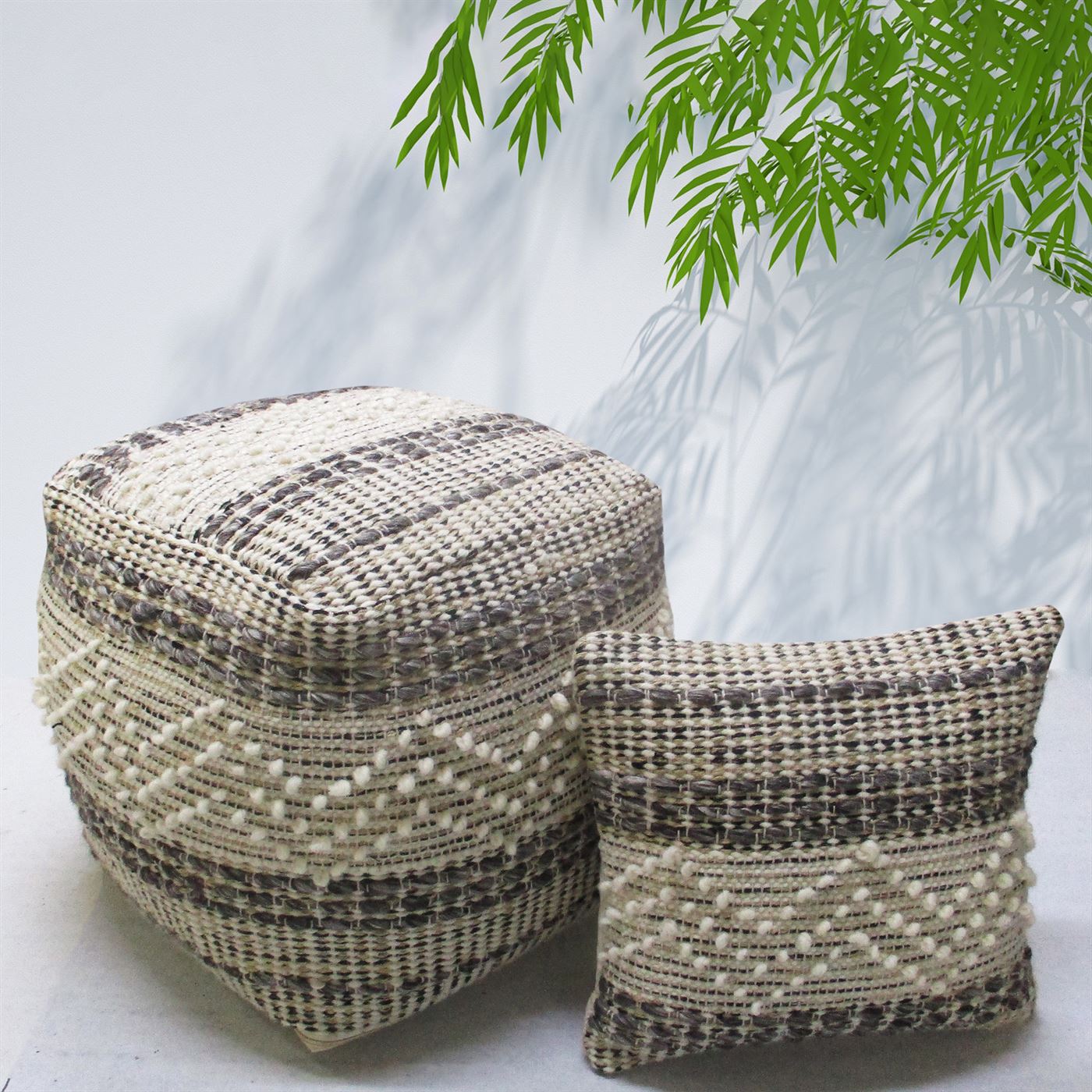 Sakai Pouf, Cotton, Wool, Hemp, Natural White,Charcoal, Pitloom, All Loop 