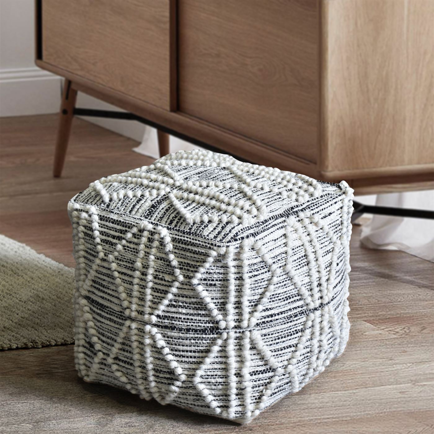 Sentir Pouf, Wool/ Cotton, Natural White/Charcoal, Pitloom, All Loop 