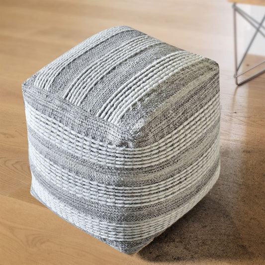 Sintra Pouf, Wool, Natural White/Grey, Pitloom, Flat Weave 