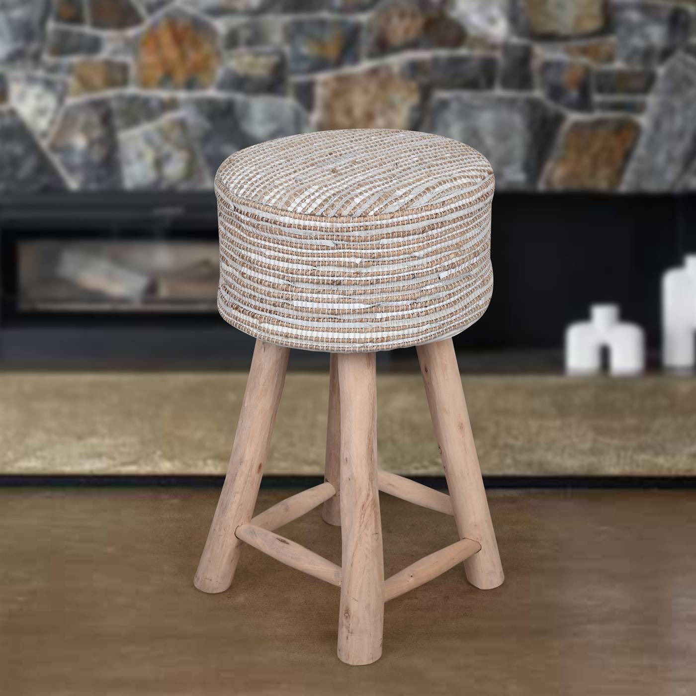 Spica Bar Stool, 40x40x70 cm, Ecru, Jute, Leather, Hand Woven, Pitloom, Flat Weave 