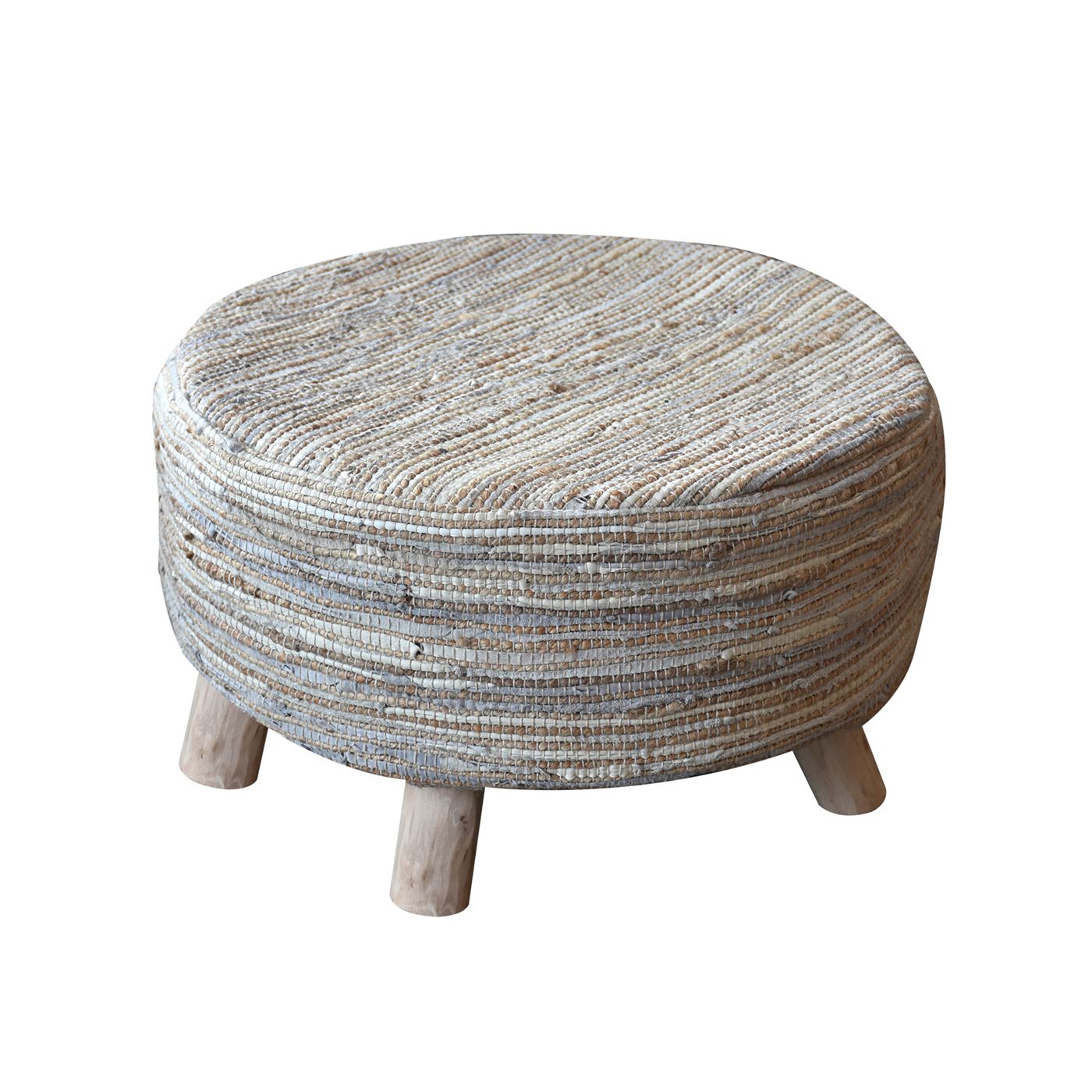 Spica Round Stool, Hemp/ Leather, Natural/ Natural White, Pitloom, Flat Weave 