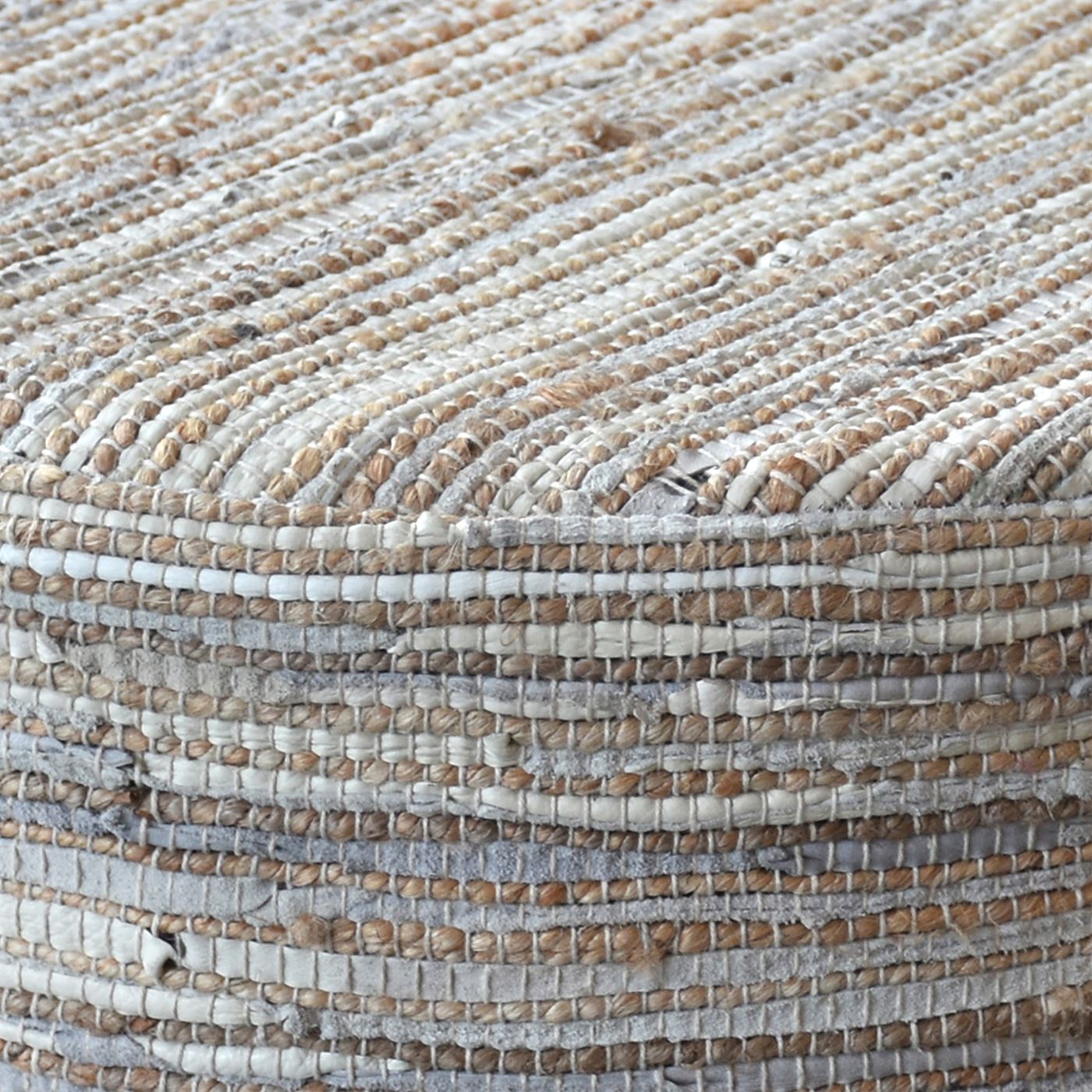 Spica Round Stool, Hemp/ Leather, Natural/ Natural White, Pitloom, Flat Weave 
