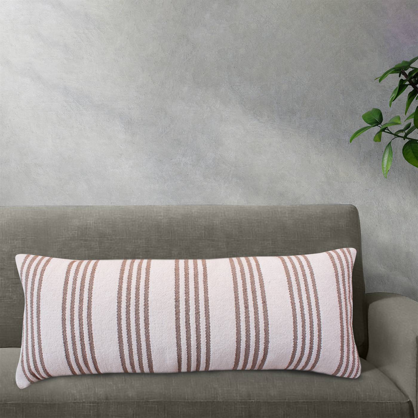 Striped Lumber Cushion, 36x91 cm, Natural White, Beige, Cotton, Chenille, Hand Woven, Pitloom, Flat Weave