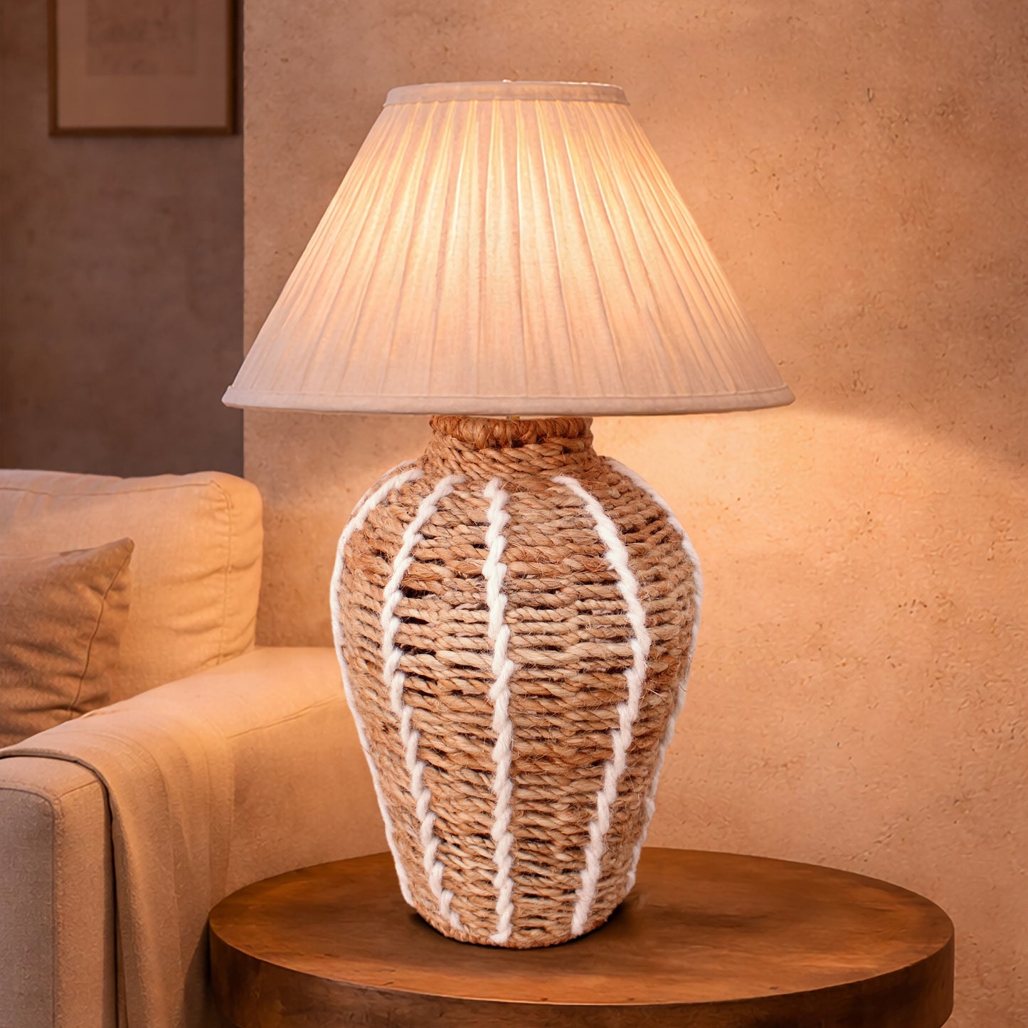 SHIVAN TABLE LAMP - NATURAL/IVORY - HAND MADE - JUTE/WOOL