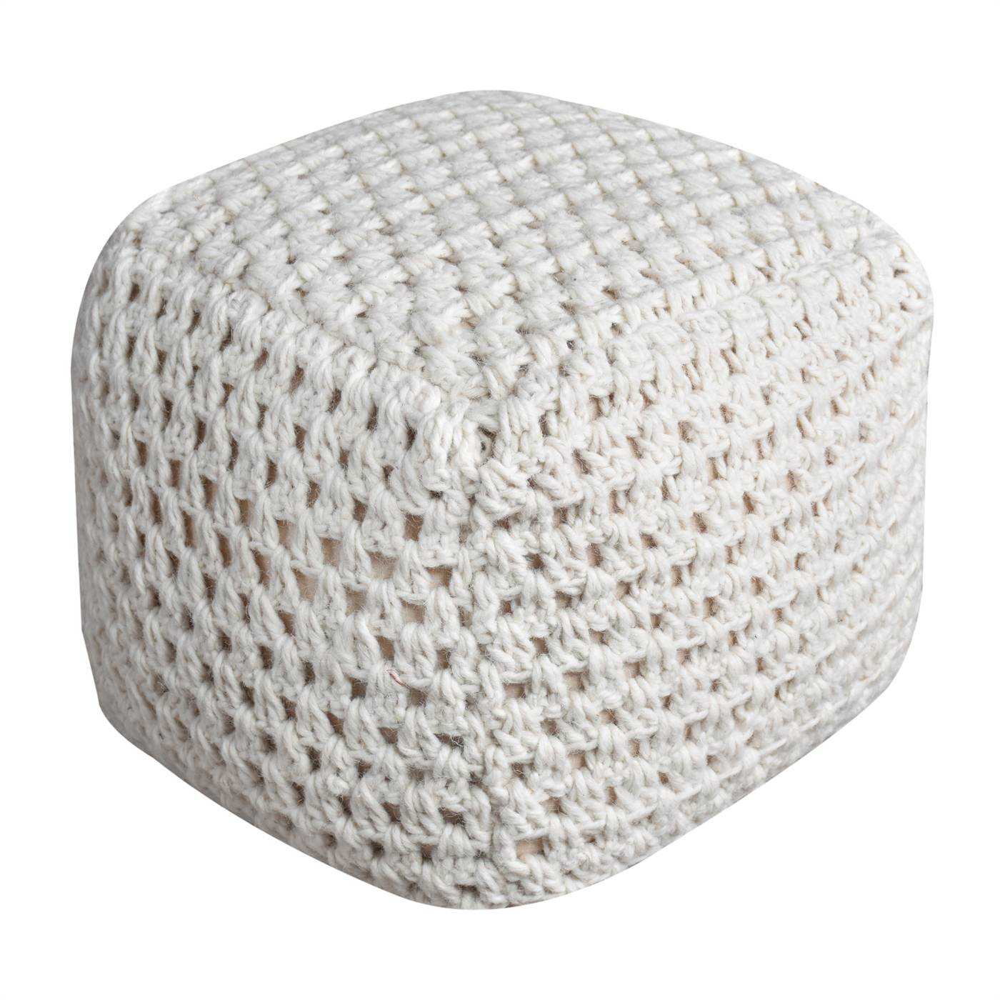 Talcott Pouf, 40x40x40 cm, Natural White, Wool, Hand Knitted, Hm Knitted, Flat Weave