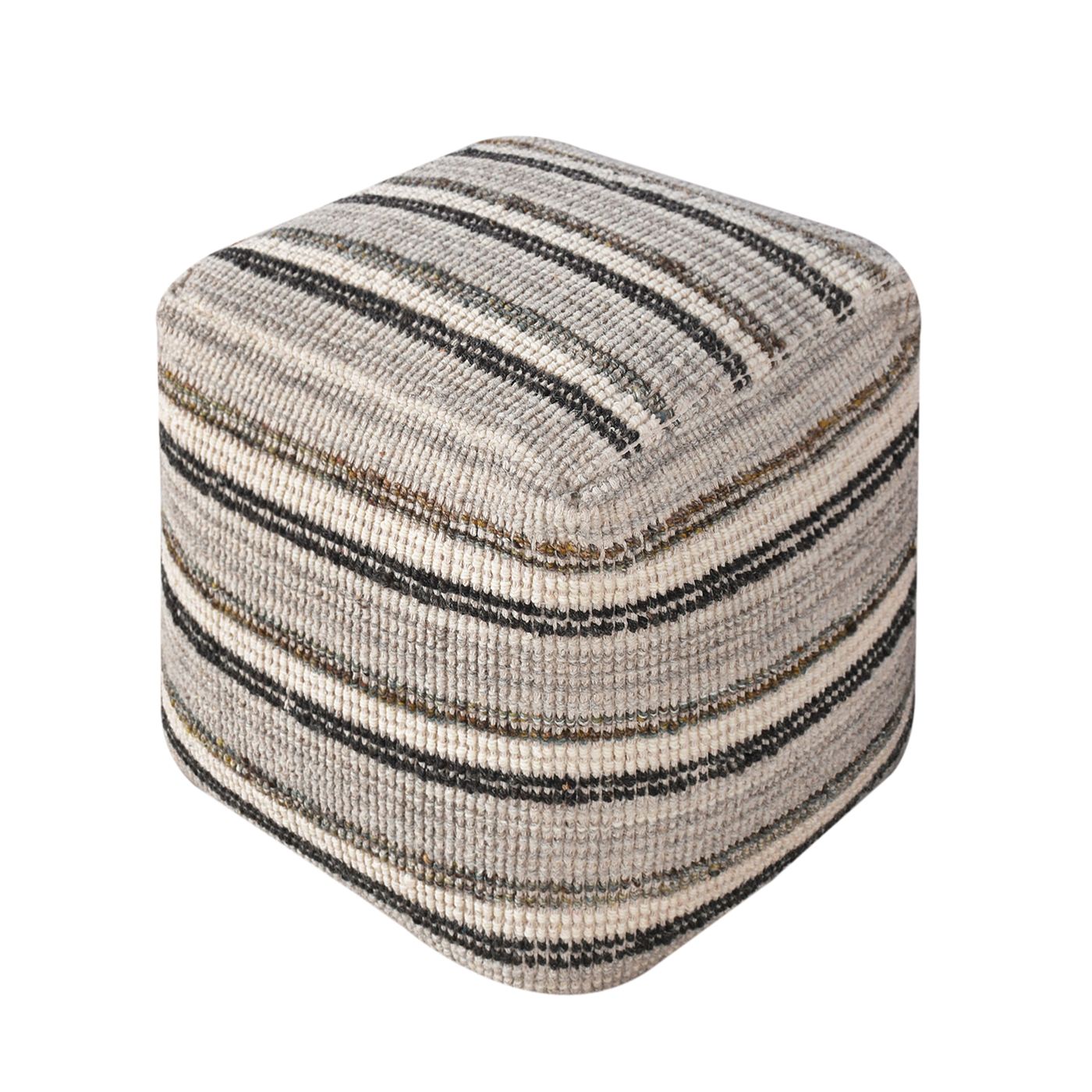 Tarbes Pouf, Wool/ Viscose, Natural White/ Grey/ Charcoal, Hand woven, Flat Weave 