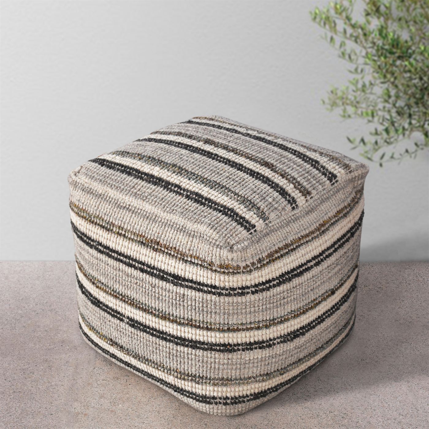 Tarbes Pouf, Wool/ Viscose, Natural White/ Grey/ Charcoal, Hand woven, Flat Weave 