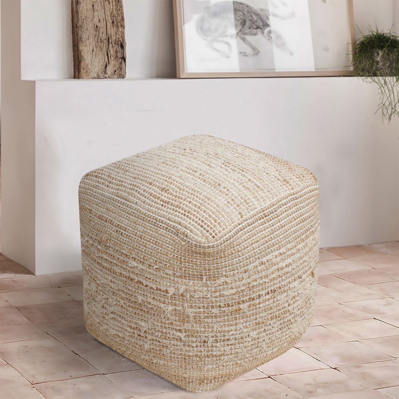 Tarsis Pouf, Jute/ Cotton, Natural/ Natural White, Pitloom, Flat Weave 
