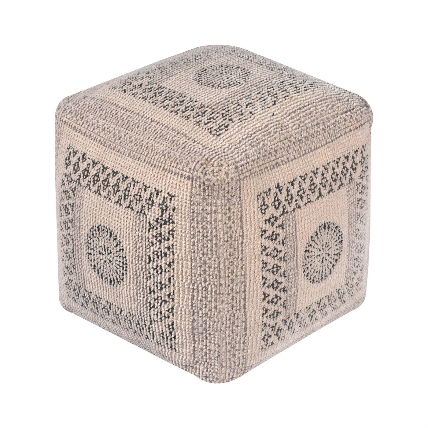 Tatvan Pouf, 40x40x40 cm, Natural White, Grey, Cotton, Wool, Table Tufted, Printed, Bm Fn, All Cut