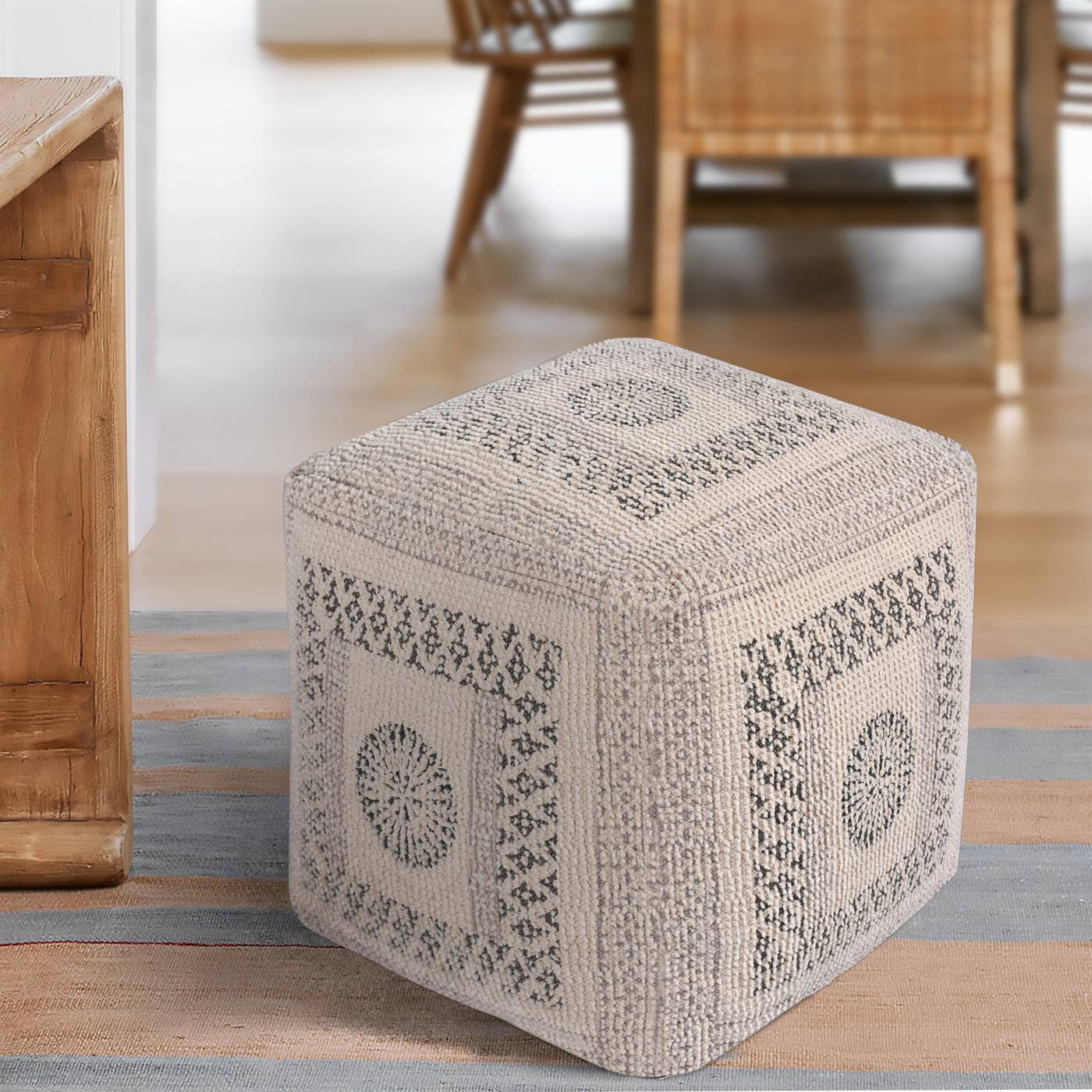 Tatvan Pouf, 40x40x40 cm, Natural White, Grey, Cotton, Wool, Table Tufted, Printed, Bm Fn, All Cut