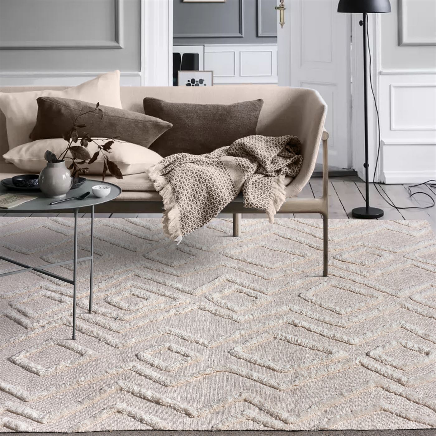 Area Rug, Bedroom Rug, Living Room Rug, Living Area Rug, Indian Rug, Office Carpet, Office Rug, Shop Rug Online, Nz Wool, Natural White, Bm Sn, All Cut, geometrical