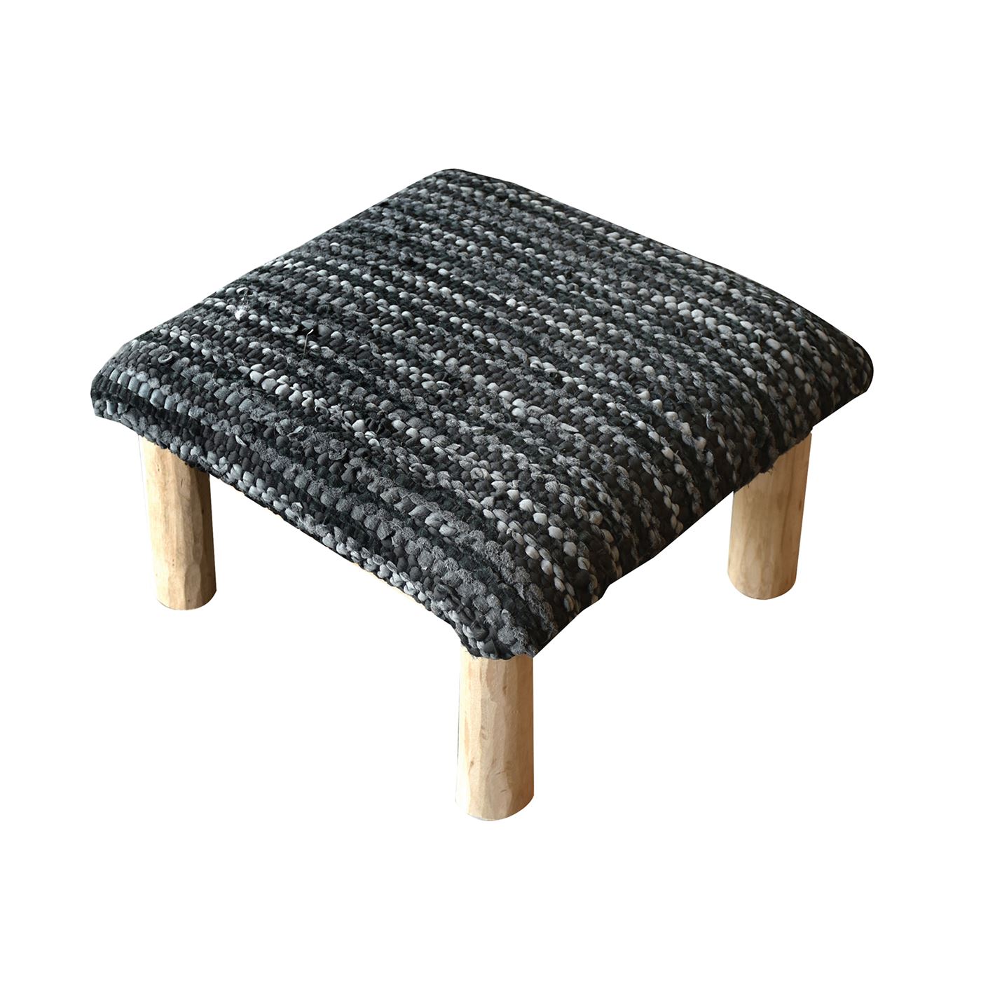 Tierra Foot Stool, Leather, Charcoal, Pitloom, Flat Weave 