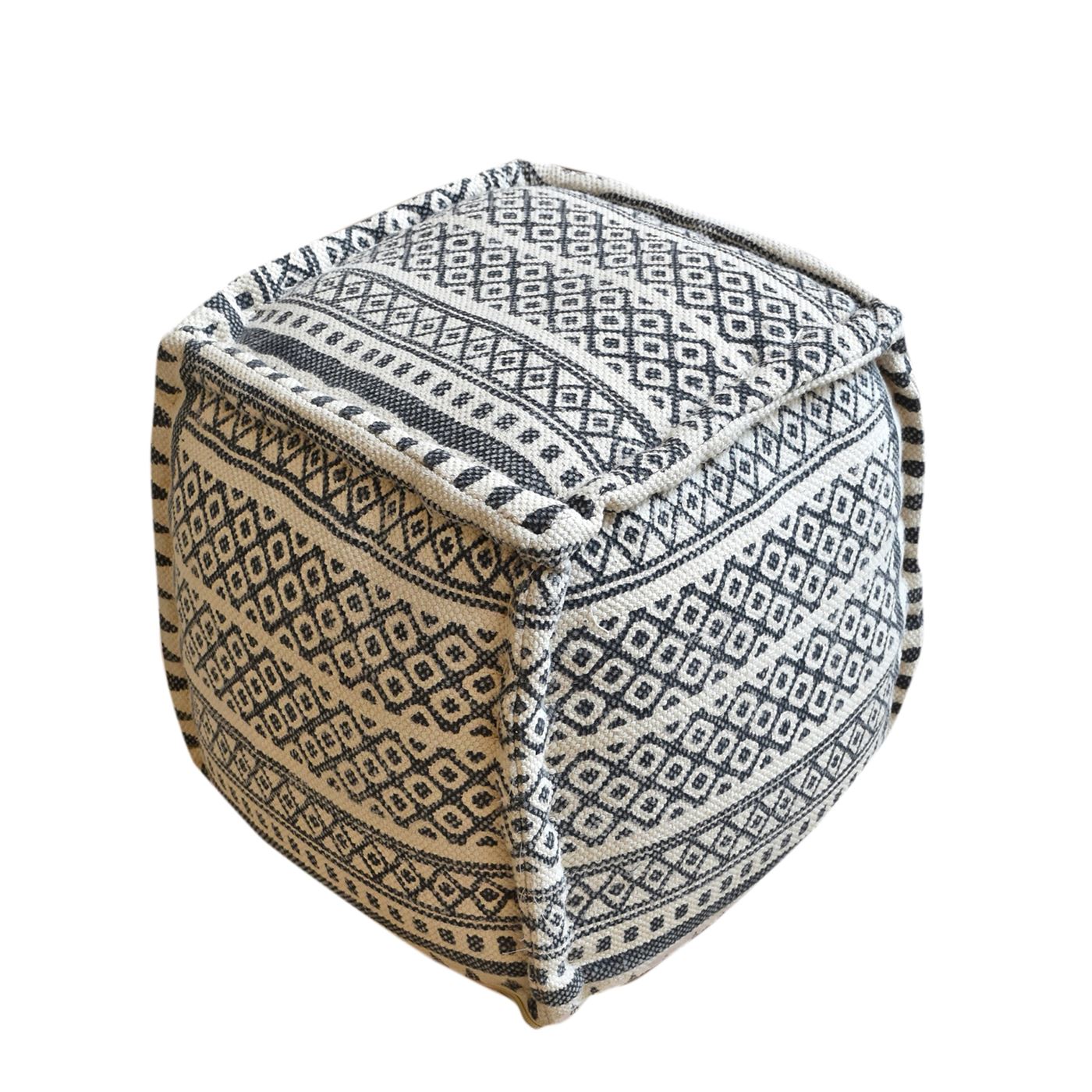 Tribo Pouf, Cotton/ Printed, Charcoal/ Natural White, Pitloom, Flat Weave 