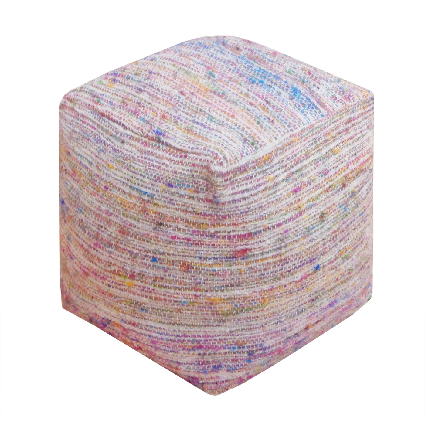 Trinity Pouf, Wool/ Polyester, Natural White/ Multi, Pitloom, Flat Weave 