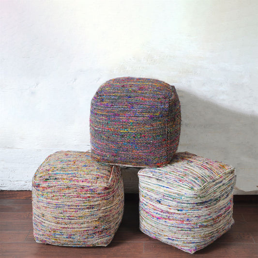 Trinity Pouf, Wool/ Polyester, Grey/Multi, Pitloom, Flat Weave 