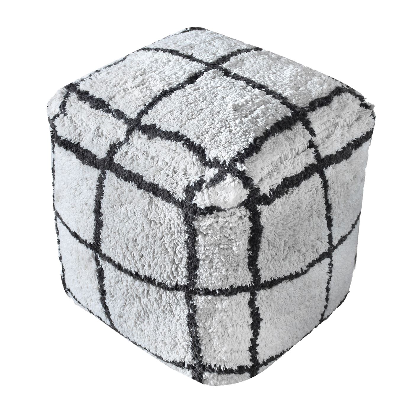 Tudor Pouf, Cotton, Natural White/Charcoal, Bm Fn, All Cut 