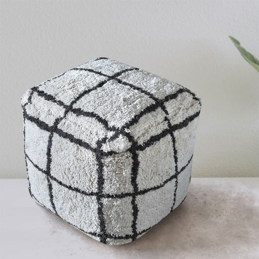 Tudor Pouf, Cotton, Natural White/Charcoal, Bm Fn, All Cut 