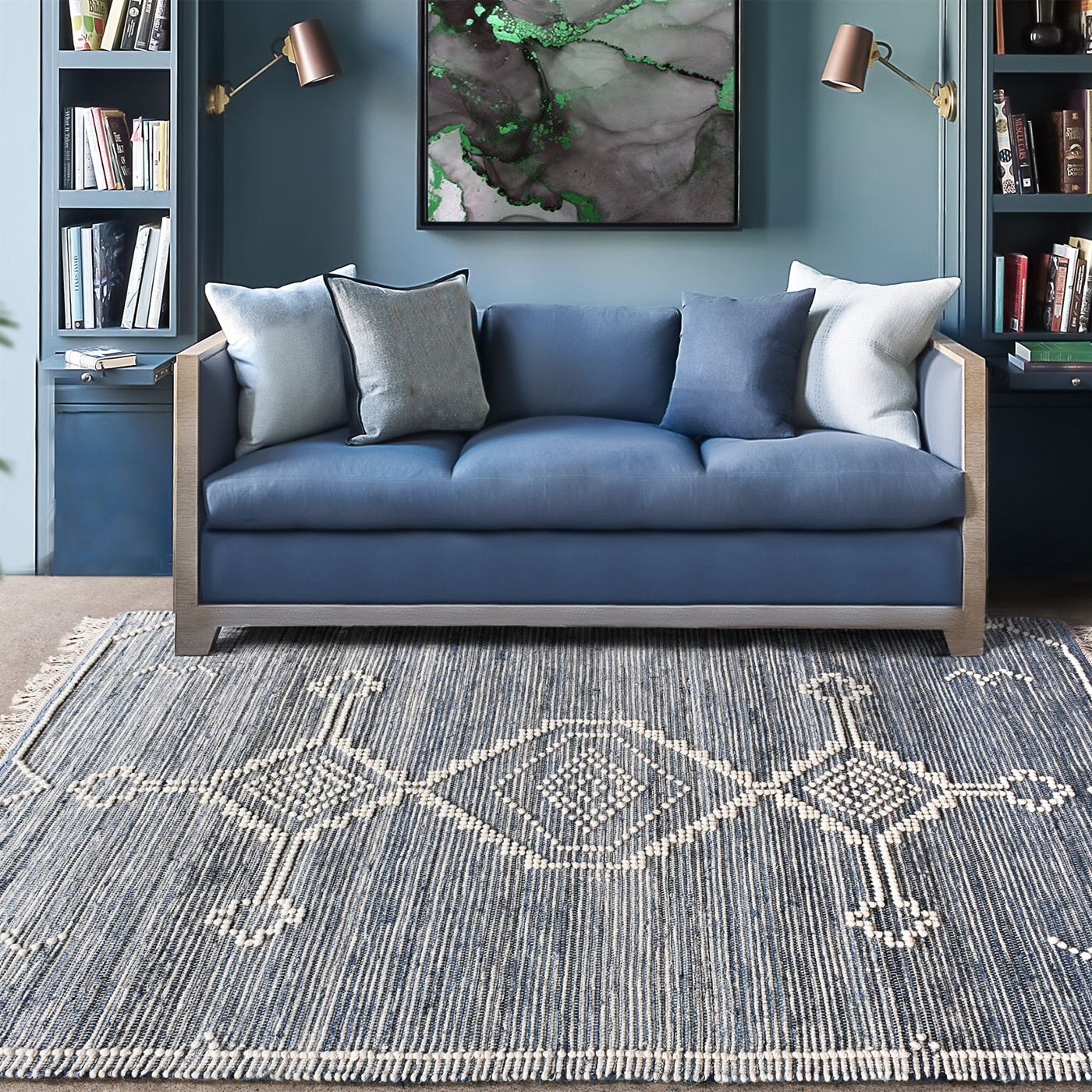 Area Rug, Bedroom Rug, Living Room Rug, Living Area Rug, Indian Rug, Office Carpet, Office Rug, Shop Rug Online, Denim, Wool, Natural White, Blue, , bohemian 