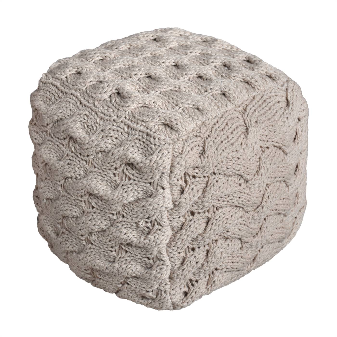 Umiak Pouf, 40x40x40 cm, Beige, NZ Wool, Hand Knitted, Hm Knitted, Flat Weave