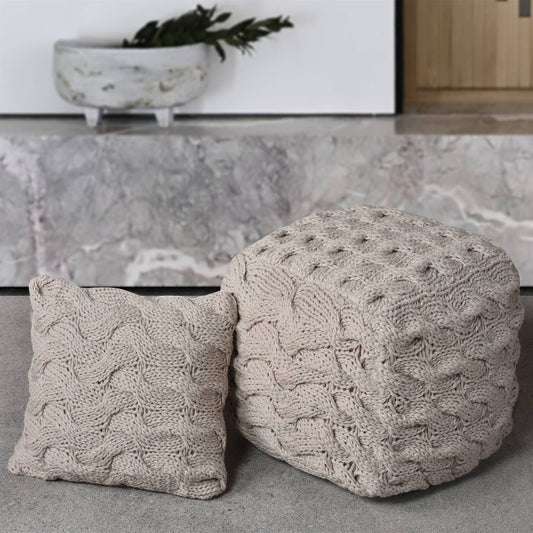 Umiak Pouf, 40x40x40 cm, Beige, NZ Wool, Hand Knitted, Hm Knitted, Flat Weave