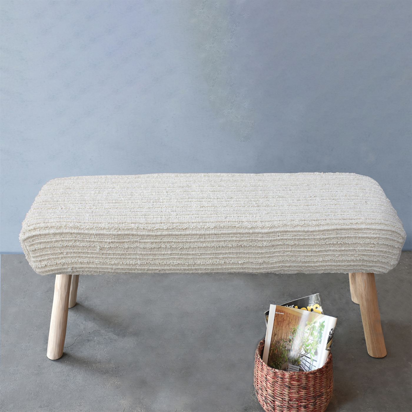 Vesoul Bench, Wool, Polyester, Natural White, Hand woven, Cut And Loop