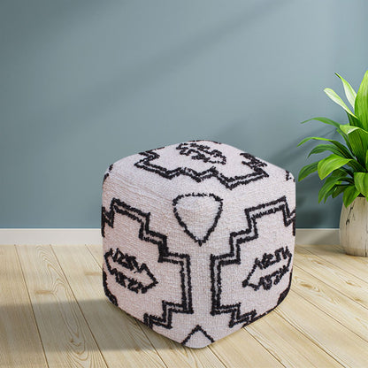 Vichene Pouf, Wool, Natural White/ Charcoal, Hand woven, All Loop 