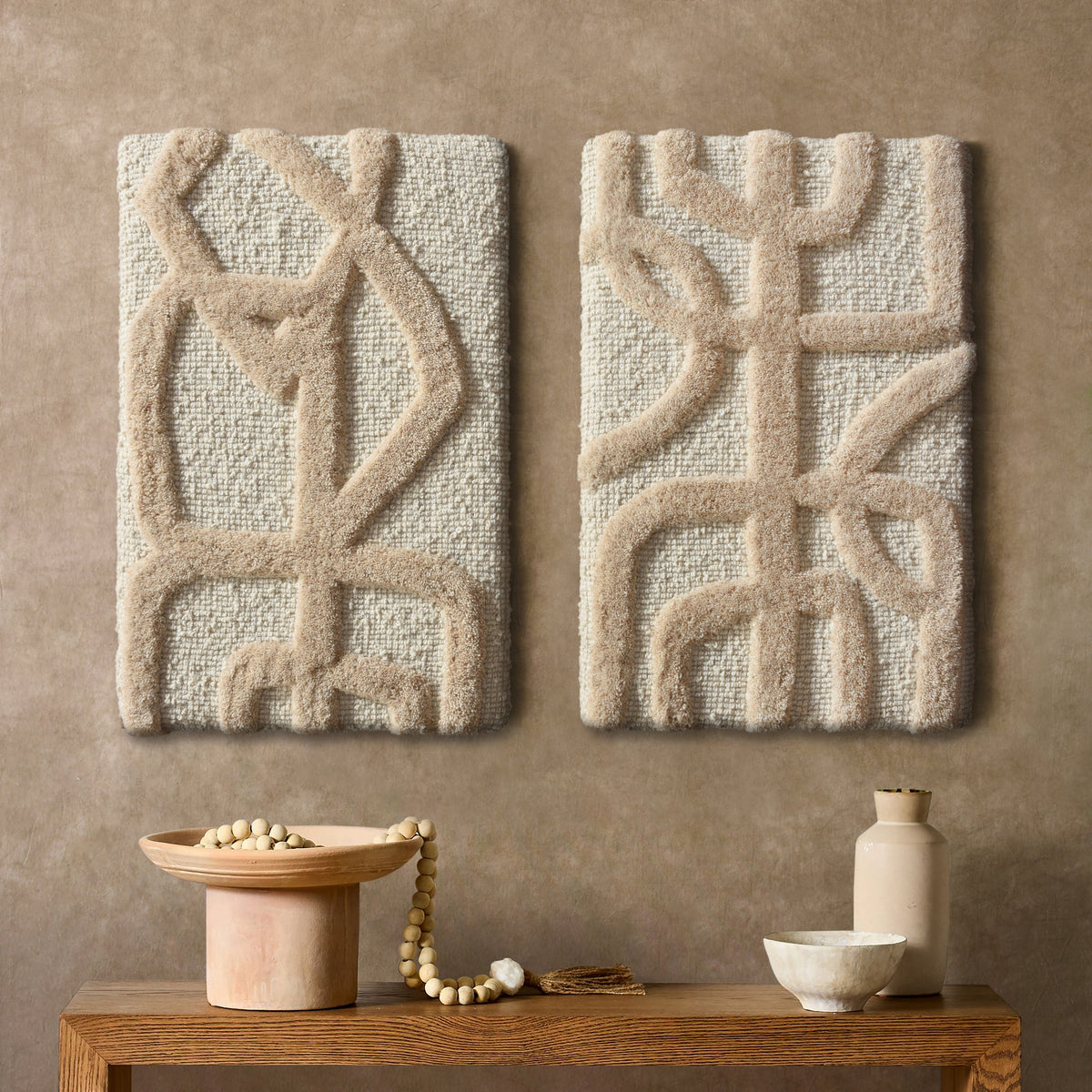 VINTOND WALL ART AND YATENO WALL ART - IVORY/LIGHT BEIGE - HAND TUFTED - WOOL & MDF