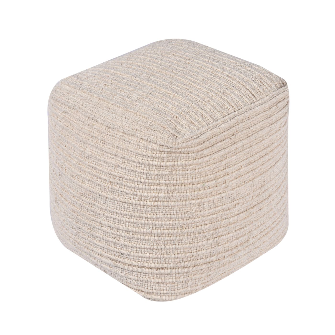 Wilcox-II Pouf, Wool, Natural White, Hand woven, Flat Weave 