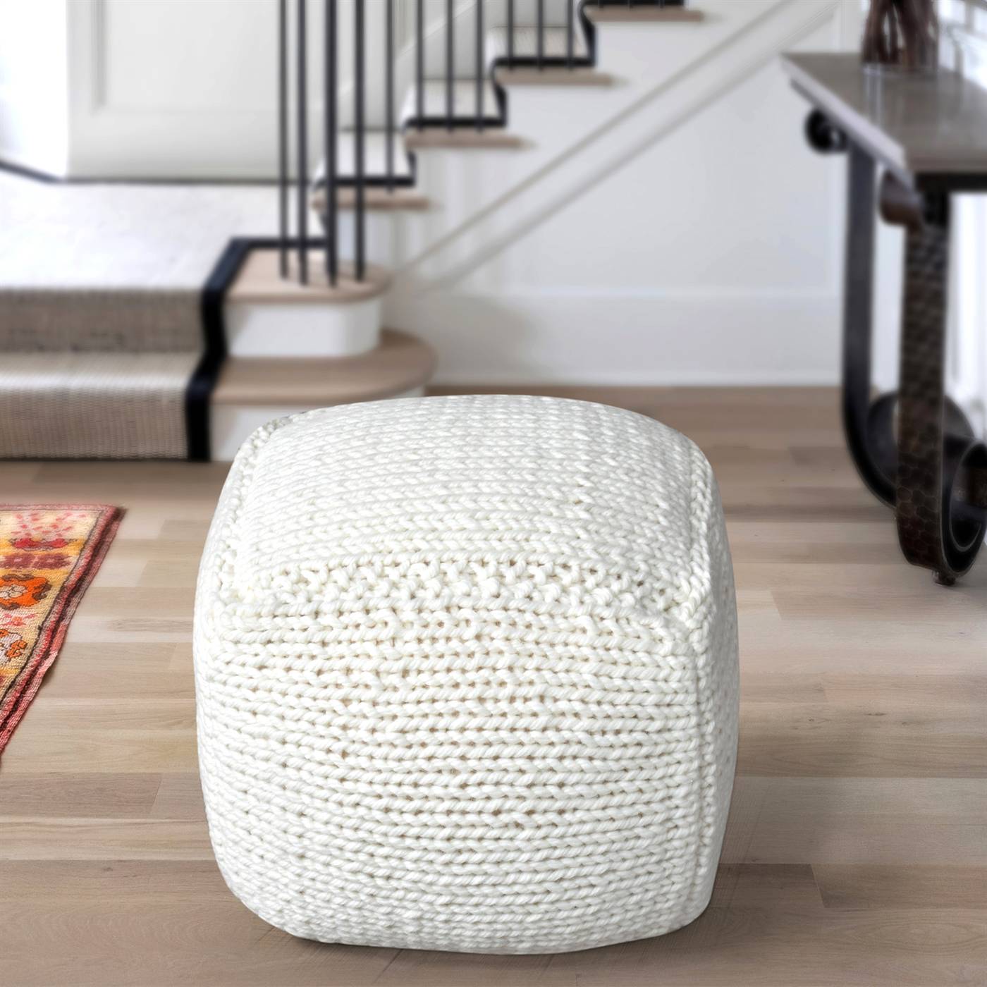 Wonore Pouf, 40x40x40 cm, Natural White, NZ Wool, Hand Knitted, Hm Knitted, Flat Weave